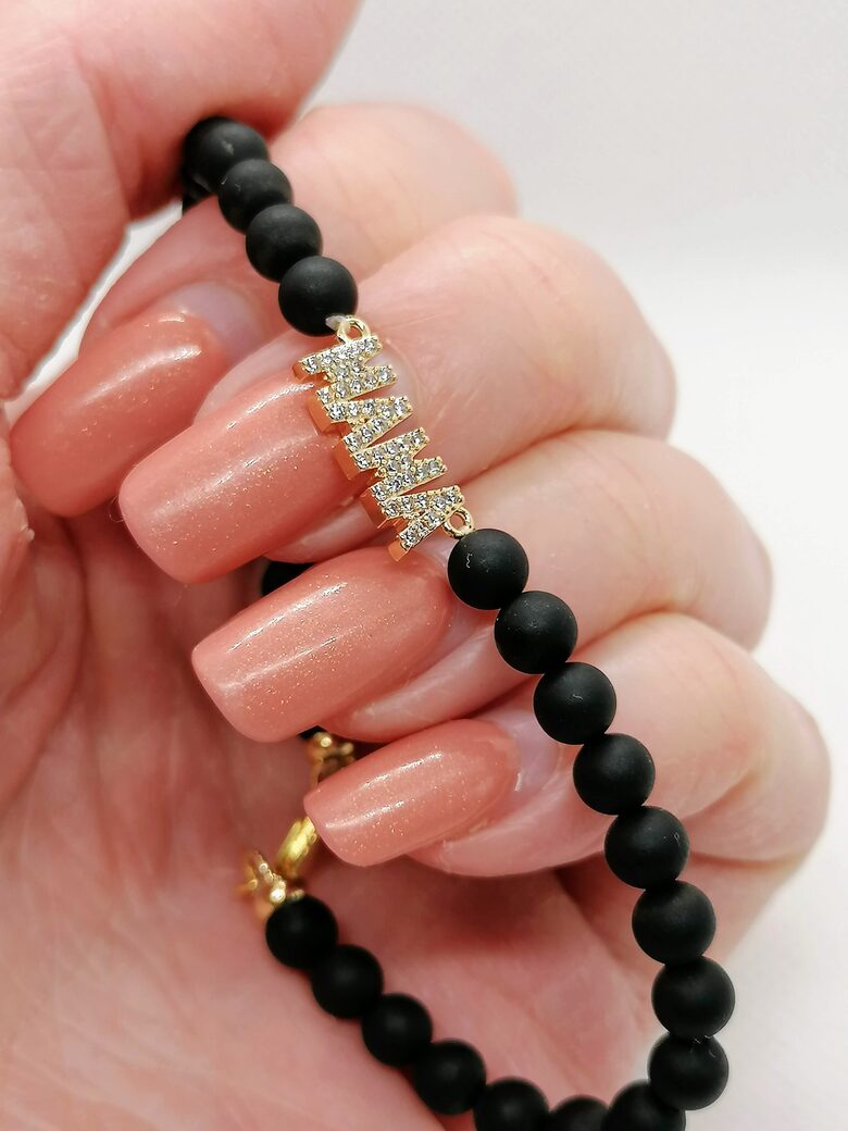 Black Amber Bracelet “MAMA” with Clasp